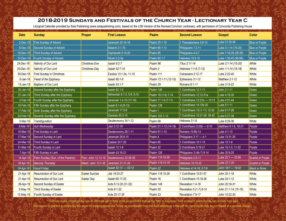 2019 Liturgical Calendar Year C K 2019 Sola Publishing