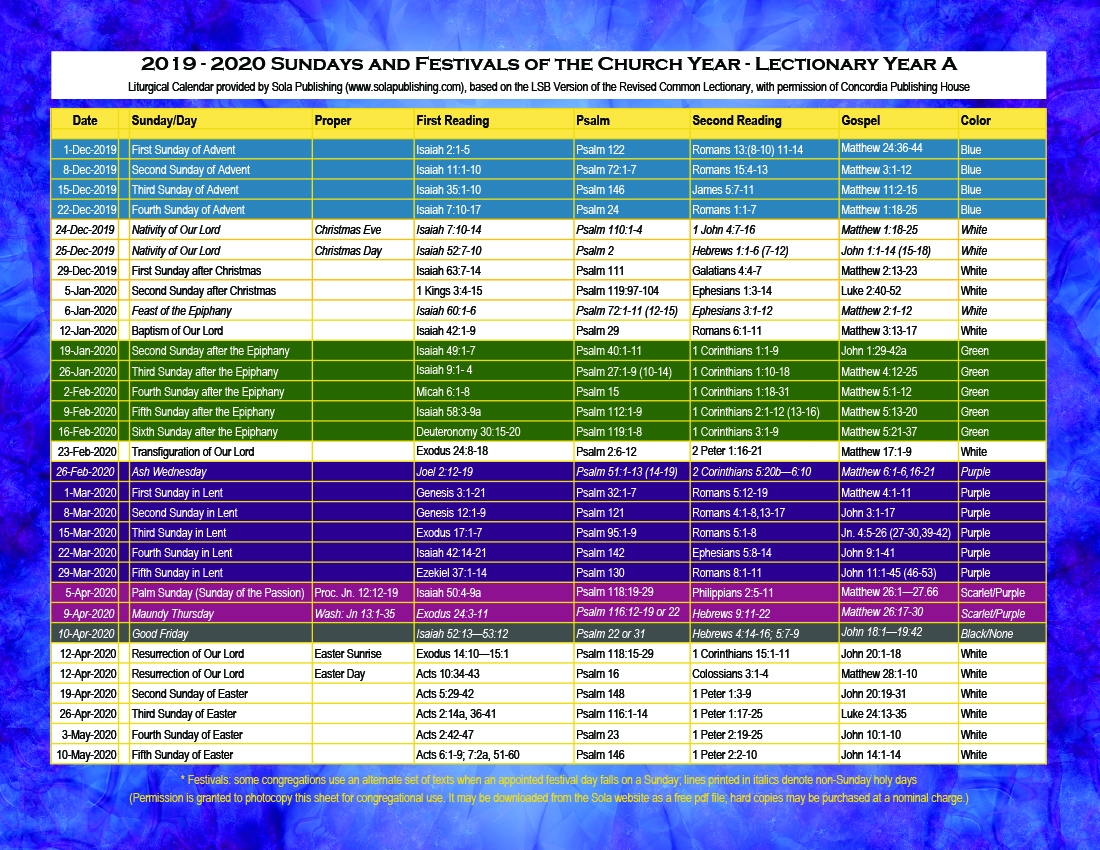 2020 Liturgical Calendar Year A K 2020 Sola Publishing