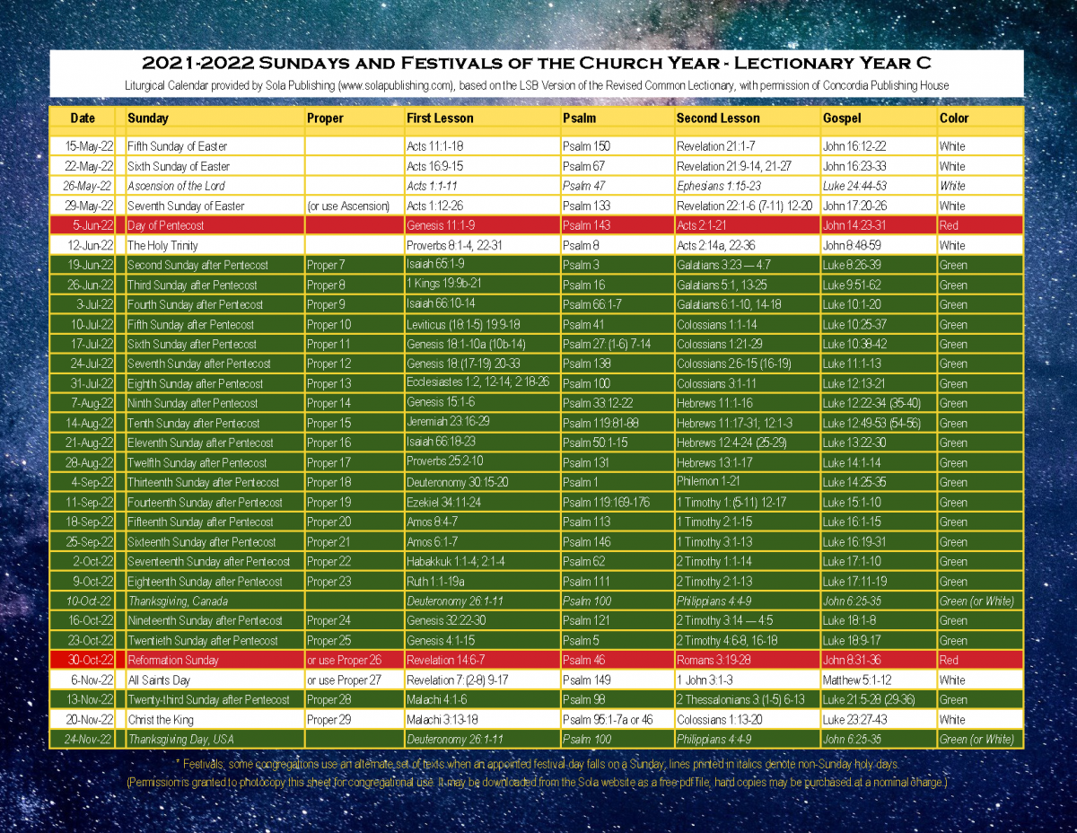 2022 Liturgical Calendar (Year C) K-2022 | Sola Publishing