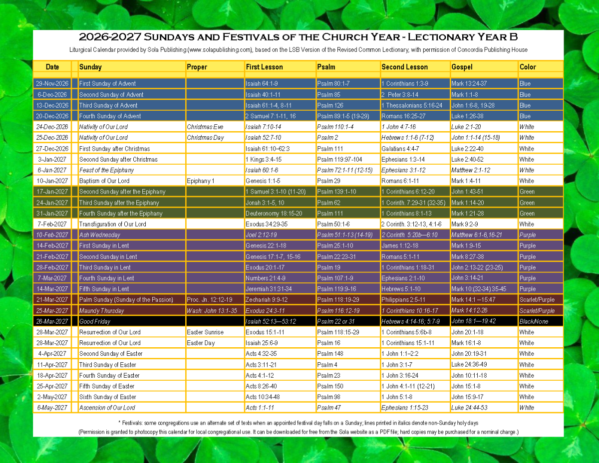 2026-2027 Liturgical Calendar (Year B)